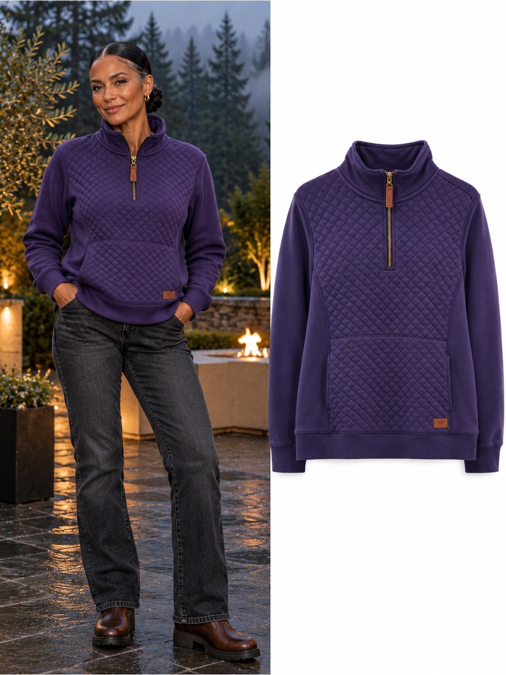 L.L.Bean Women’s Quilted Quarter Zip Pullover Purple Mock Neck Sweatshirt L